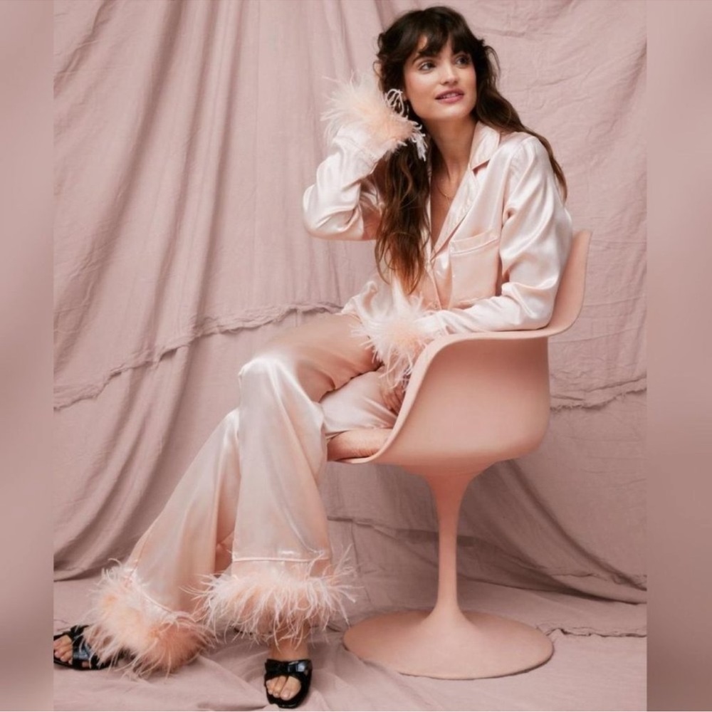 Nasty Gal Satin Feather Pajama Matching Set Button Up Top Pull-On Pants 2Pcs NWT